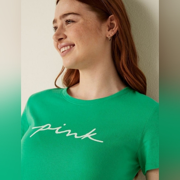 VS PINK Electric Green White Logo Knit Short Sleeve Perfect Everyday Tee XXL NEW - Picture 3 of 12
